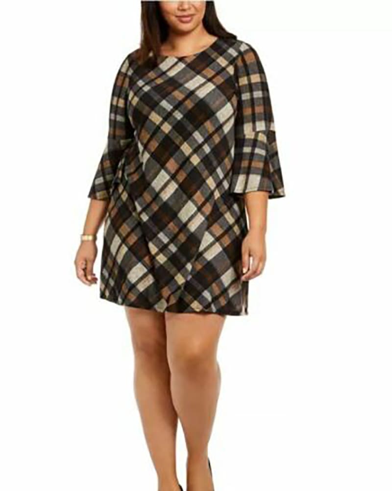 Front of a model wearing a size 1X Jessica Howard Women's Plus Size Plaid Bell-Sleeve Shift Dress Rustcopper Size 1X in Brown by Jessica Howard. | dia_product_style_image_id:312827